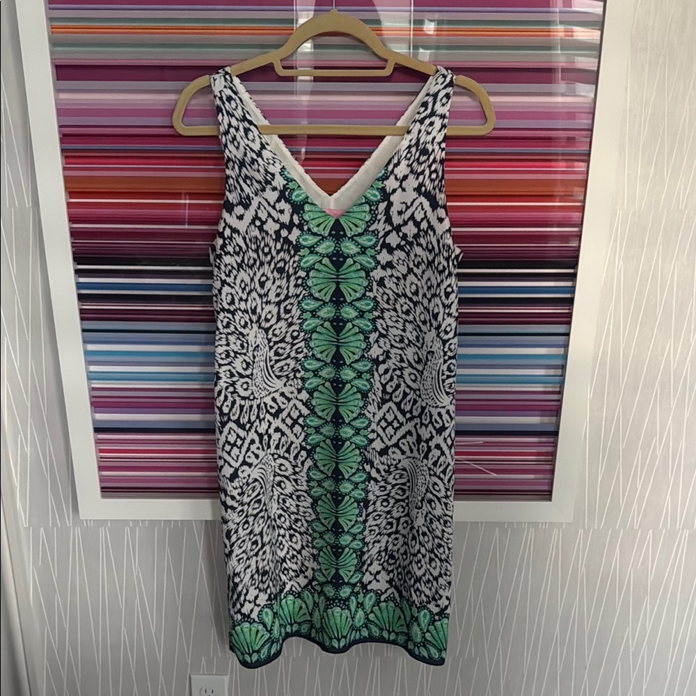 V-Neck Black and White Midi Dress with Green Accent